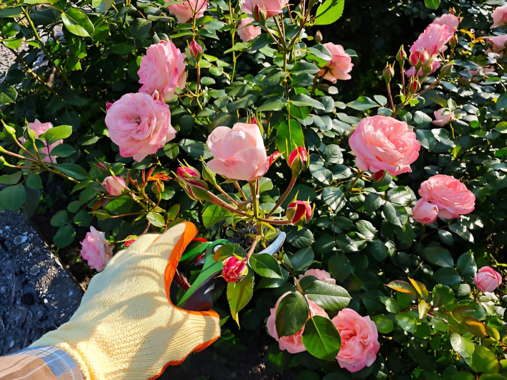 close-up of a gloved hand pruning pink roses